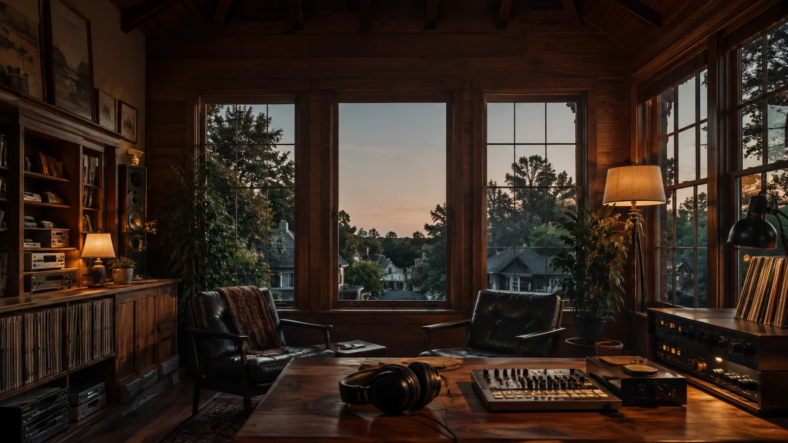 Small listening studio with headphones and a view of trees