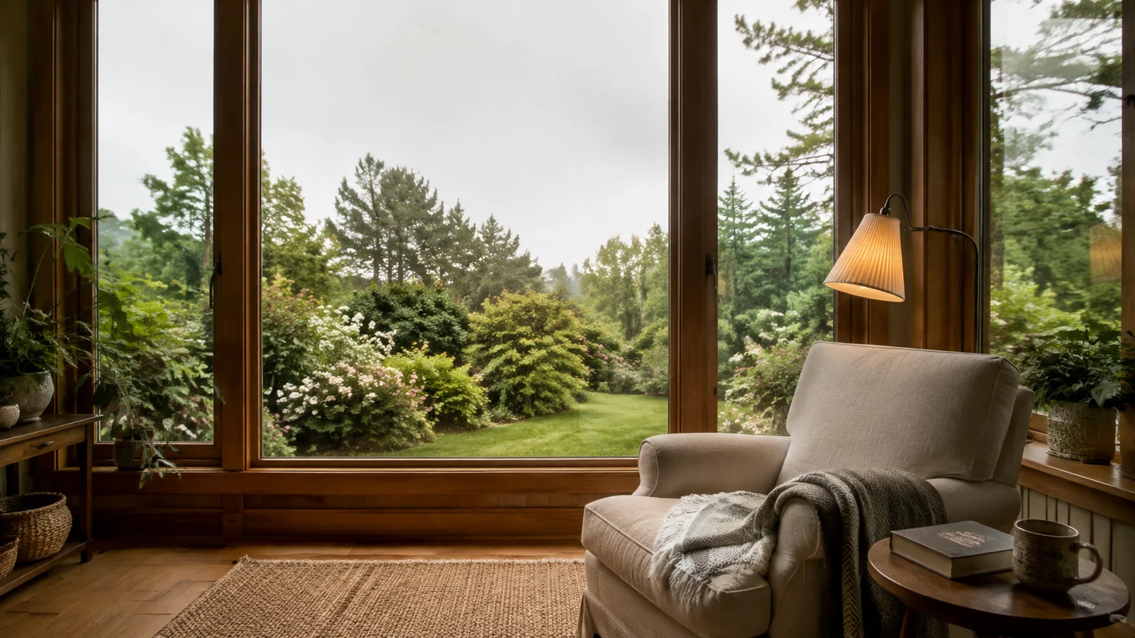 Comfortable sunroom opening onto a still green garden