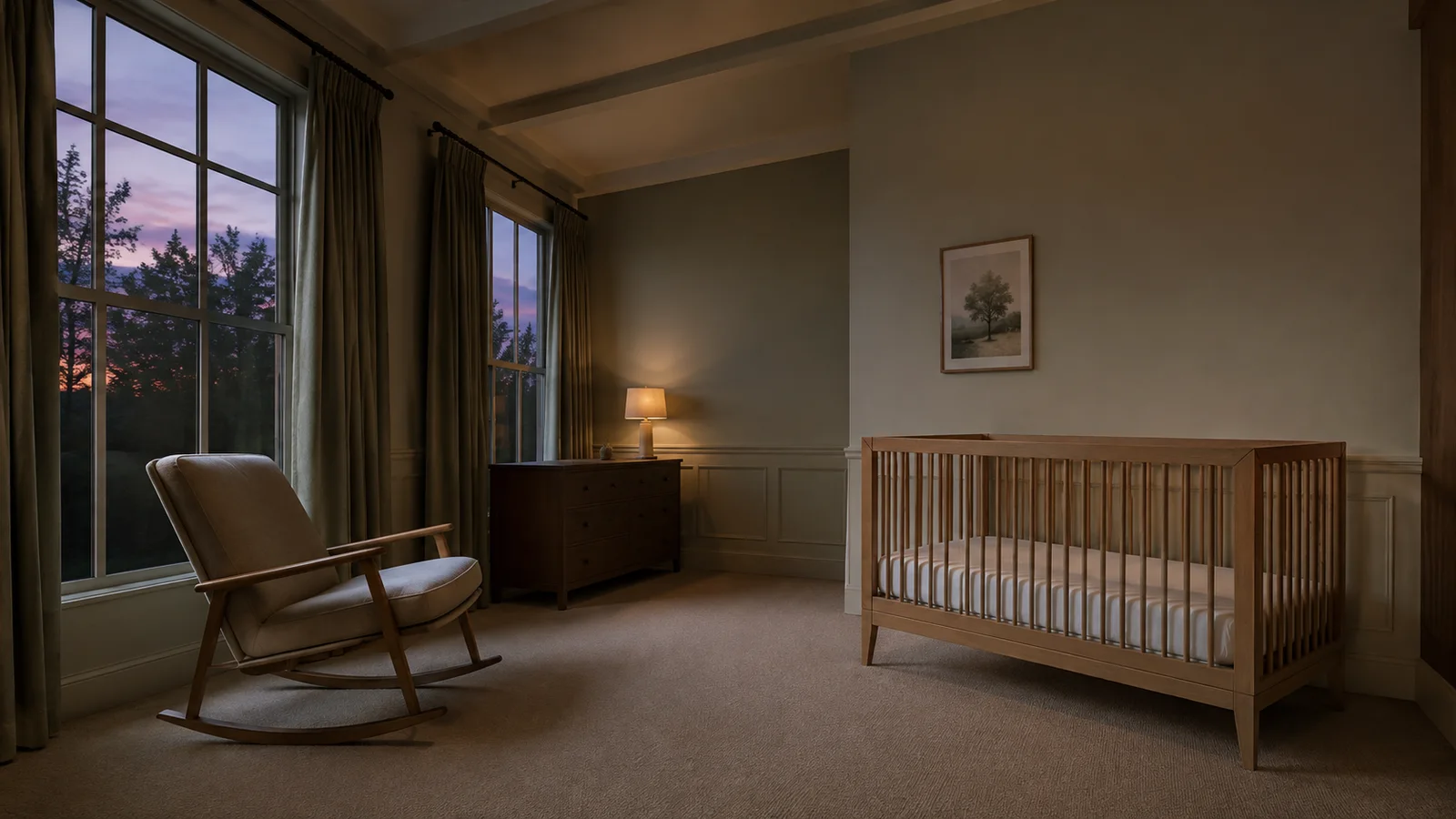 Quiet nursery with a wooden crib and rocking chair