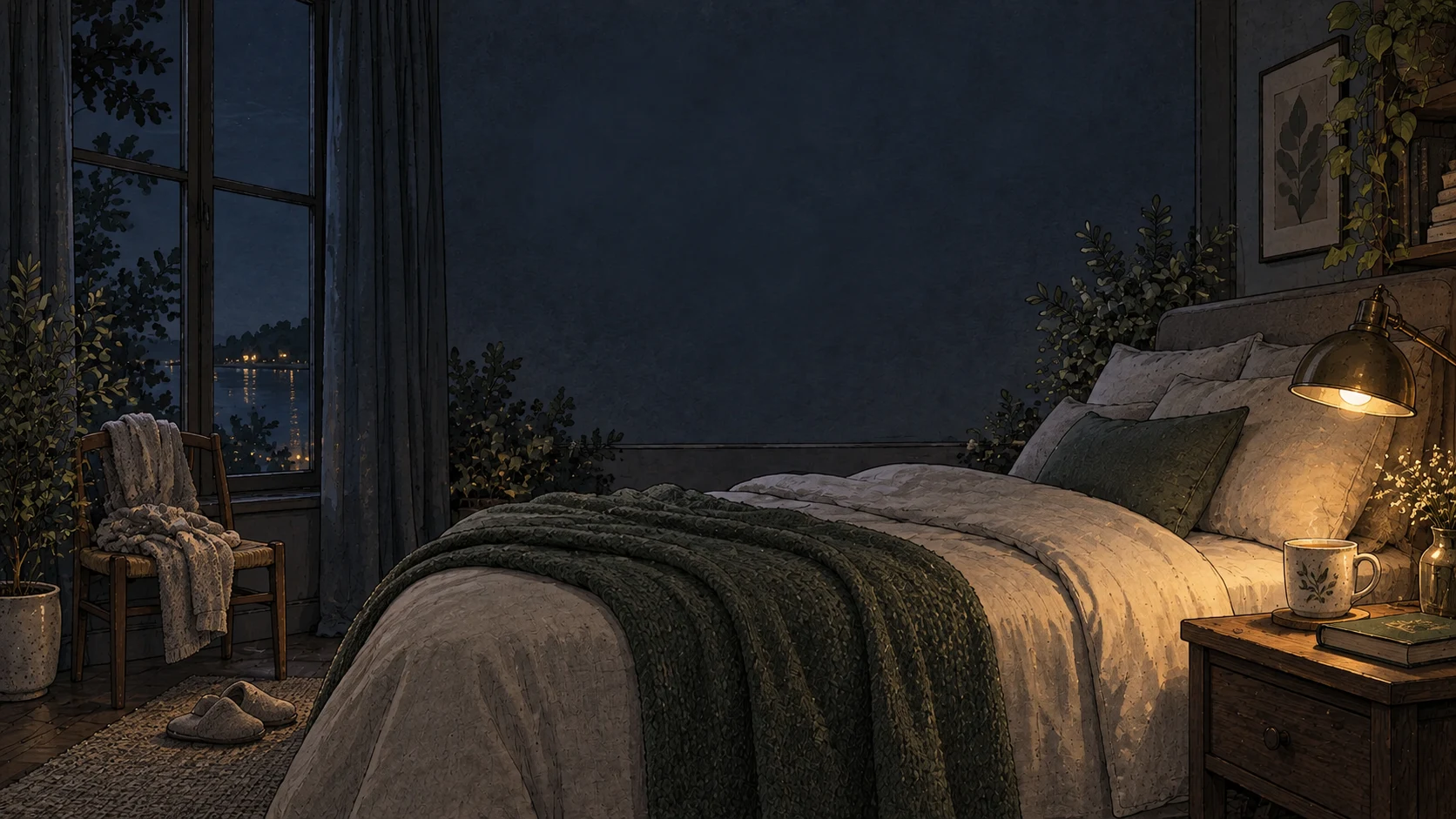 A turned-down bed, folded robe and slippers in a dark bedroom lit by a warm bedside lamp