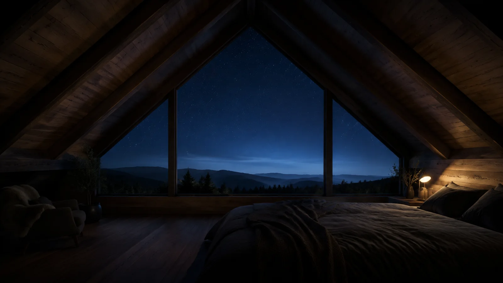 Dark timber bedroom beneath a starry sky
