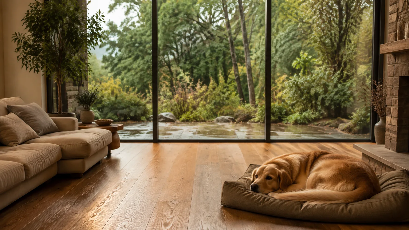 Dog resting beside a window overlooking a green garden