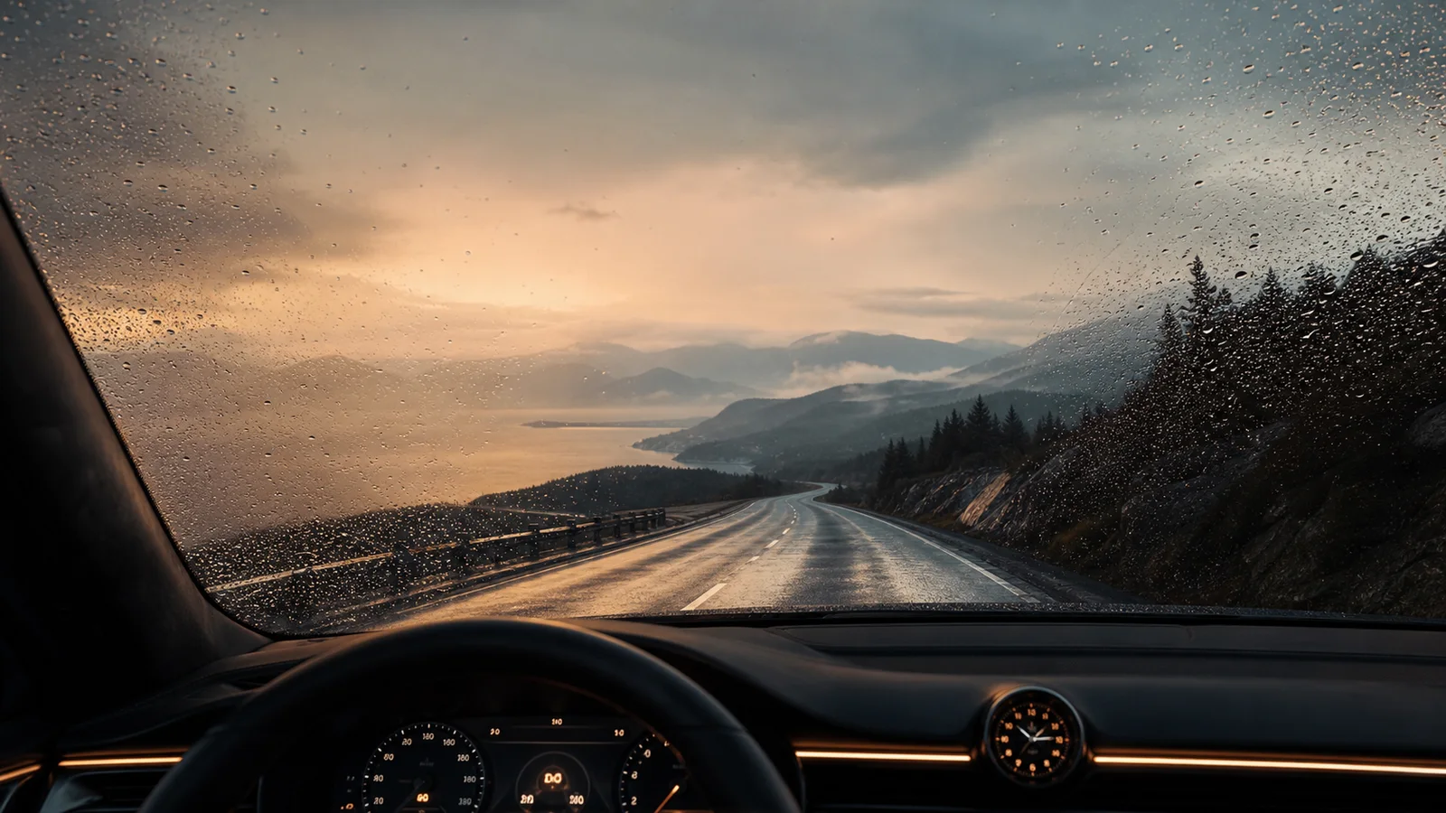 Rain-speckled windshield looking down a mountain highway at dusk