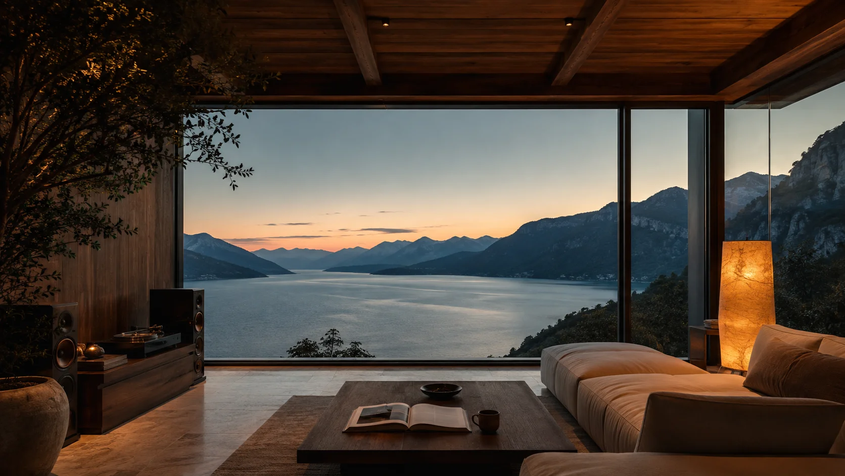 Lakeside listening room with a sofa, warm lighting, and a mountain view