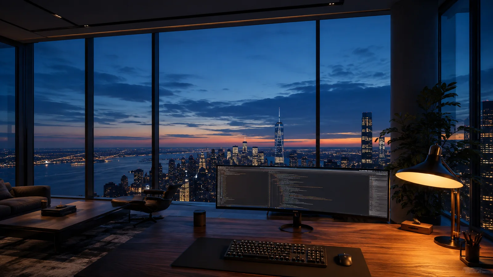 Desk overlooking a city skyline through tall windows