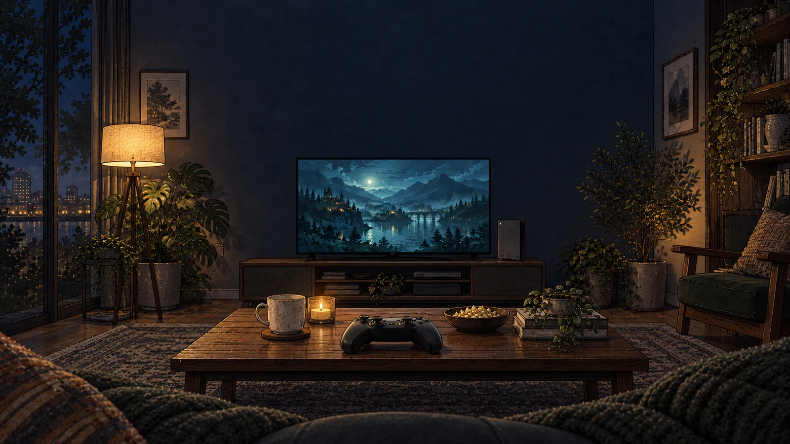 A game controller on a coffee table facing a softly lit television and console in a cozy dark living room