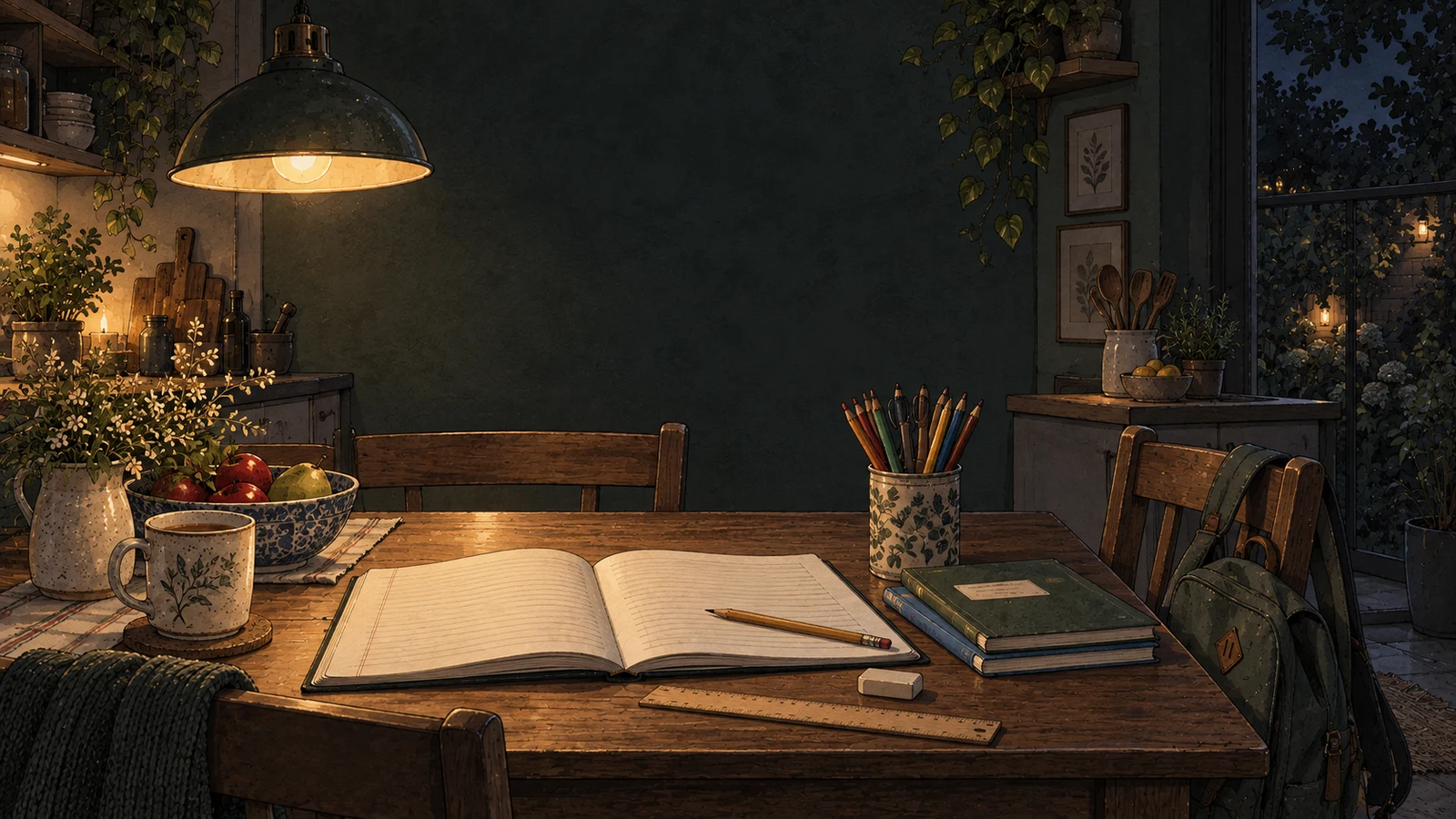 School exercise books and colored pencils on a warm kitchen table, with a backpack on a nearby chair