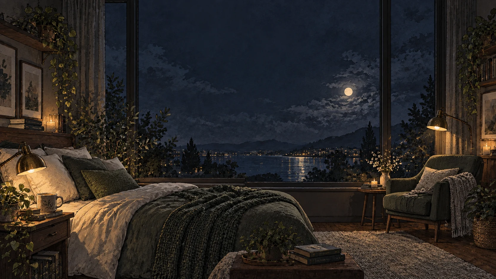 A bed and quiet armchair beside tall windows looking onto moonlit clouds and distant lights