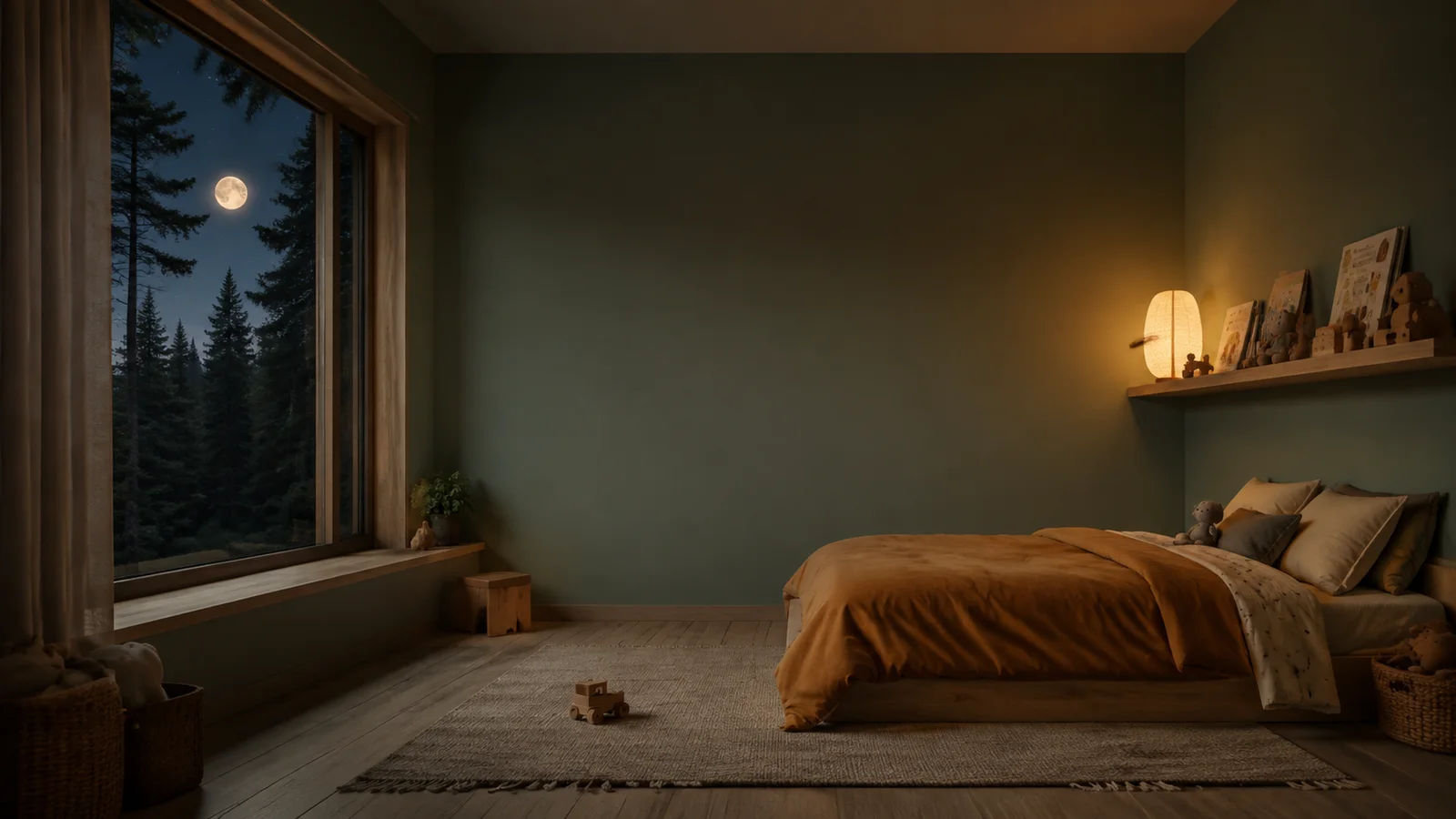 Child’s bedroom with a bedside light and moonlit window