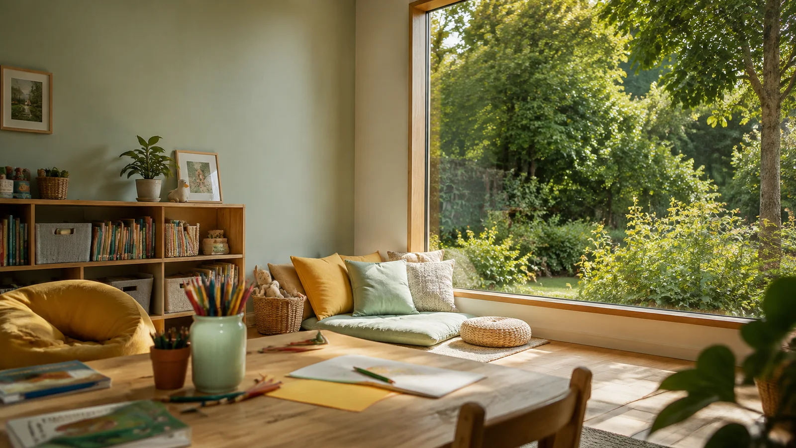 Children’s reading and drawing nook beside a garden window
