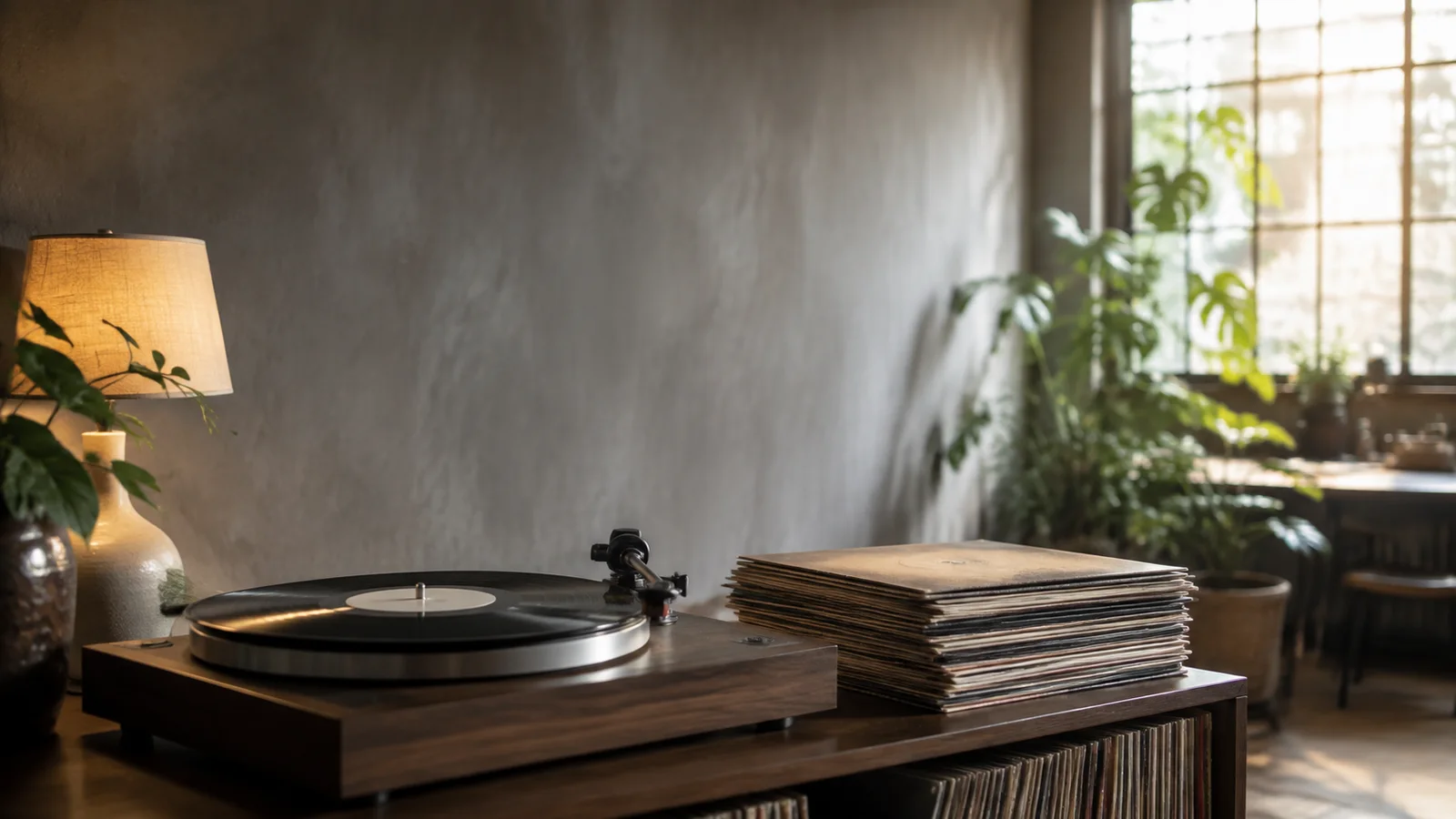 Turntable and record sleeves in a warmly lit listening room