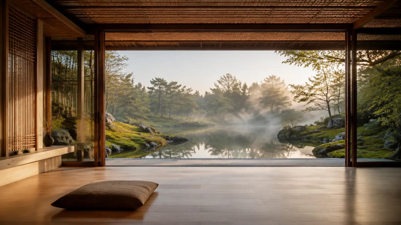 Floor cushion facing a moss garden and reflecting pond