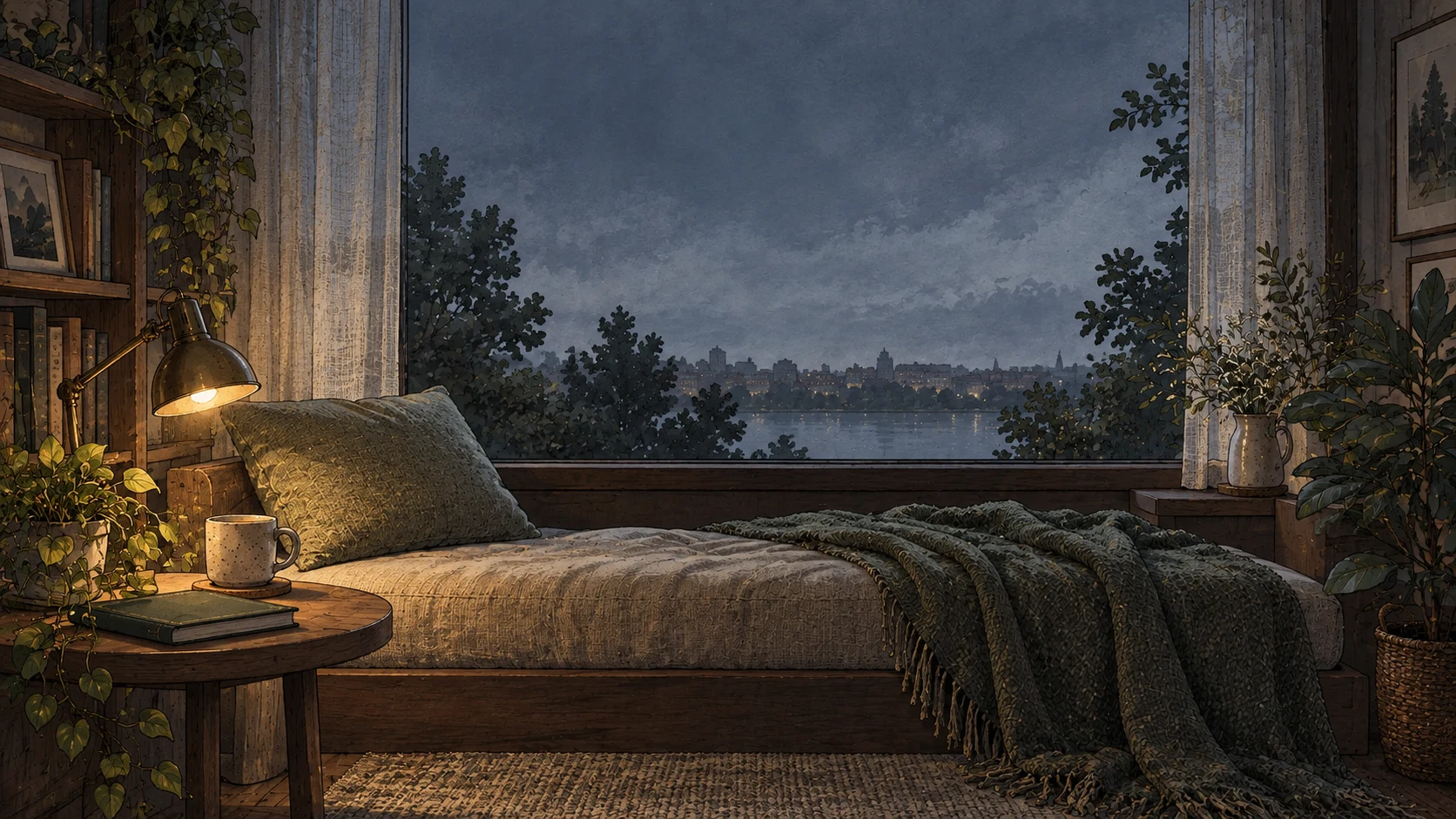 A quiet daybed beneath a wide window with a soft blanket, book and cool afternoon light