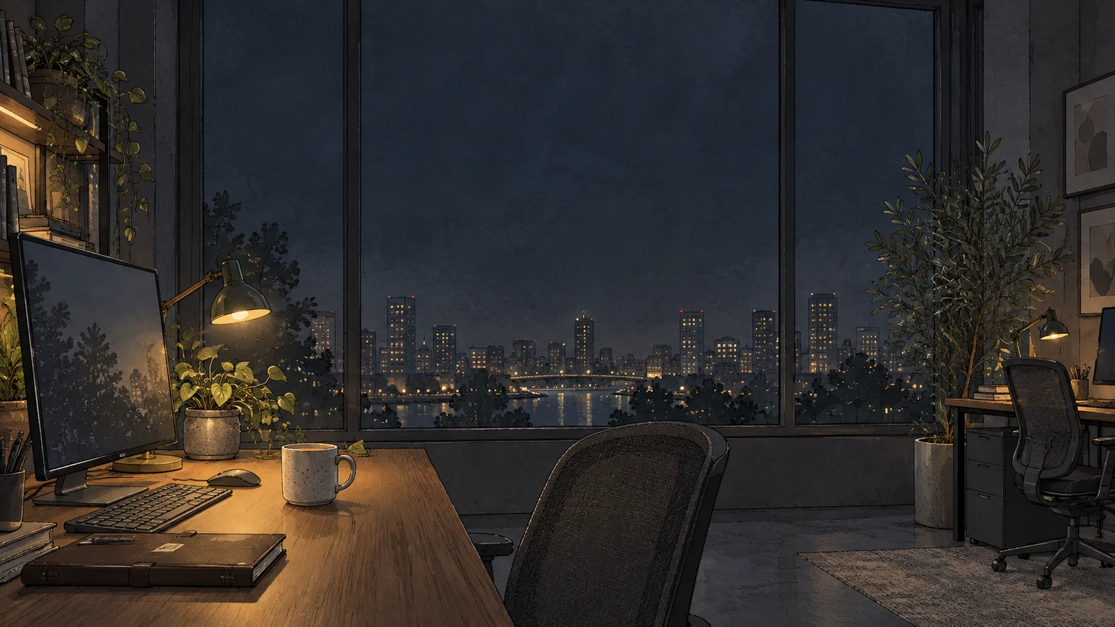 Illustrated office at night with lamplit desks, computer monitors, plants and a distant city skyline