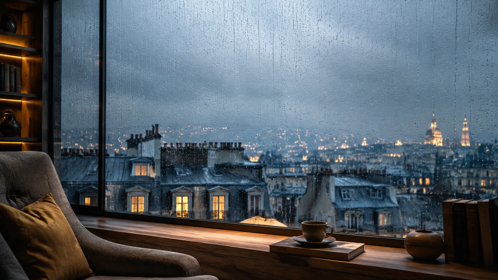 Rain on a window with evening rooftops and warm lights beyond