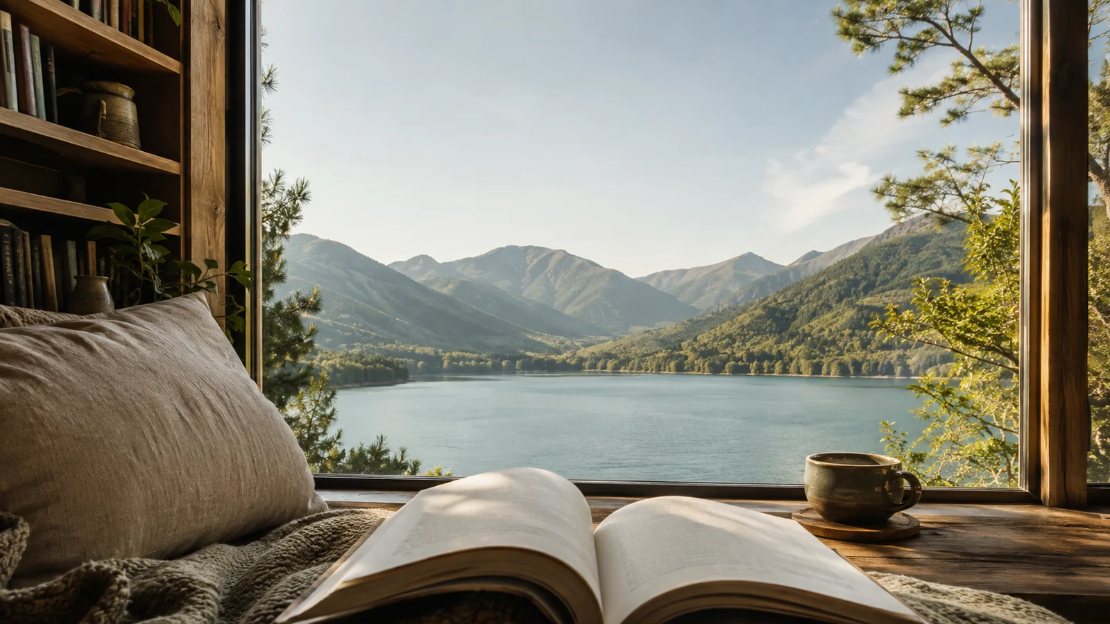 An open paperback and linen cushions beside a sunlit window overlooking a lake and wooded mountains