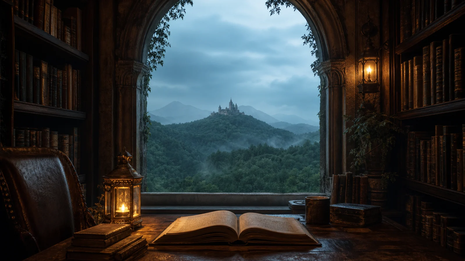 An open book and brass lantern in a stone library overlooking misty mountains and a distant castle