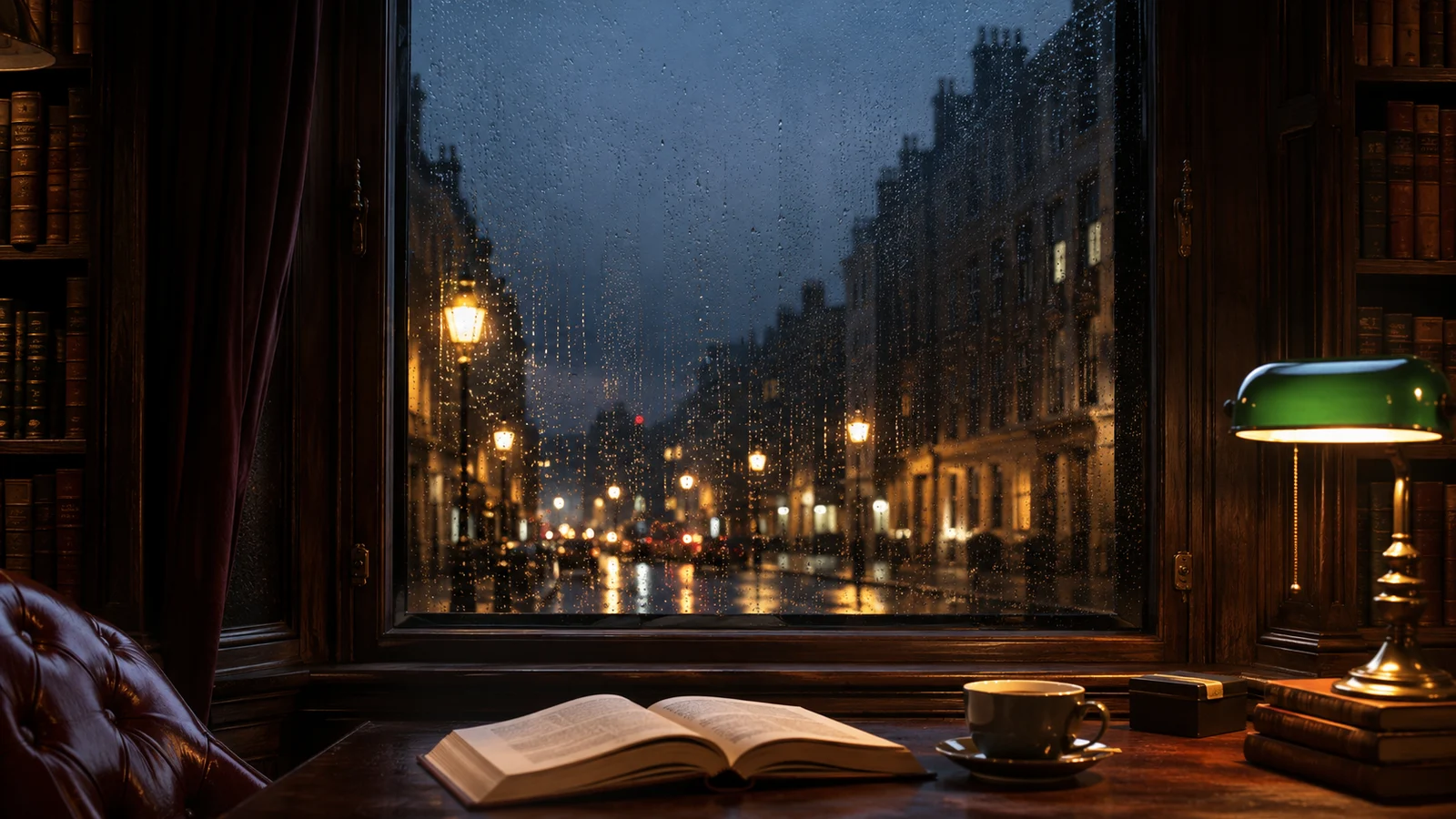 An open book and green reading lamp in an old study beside a rain-covered nighttime window