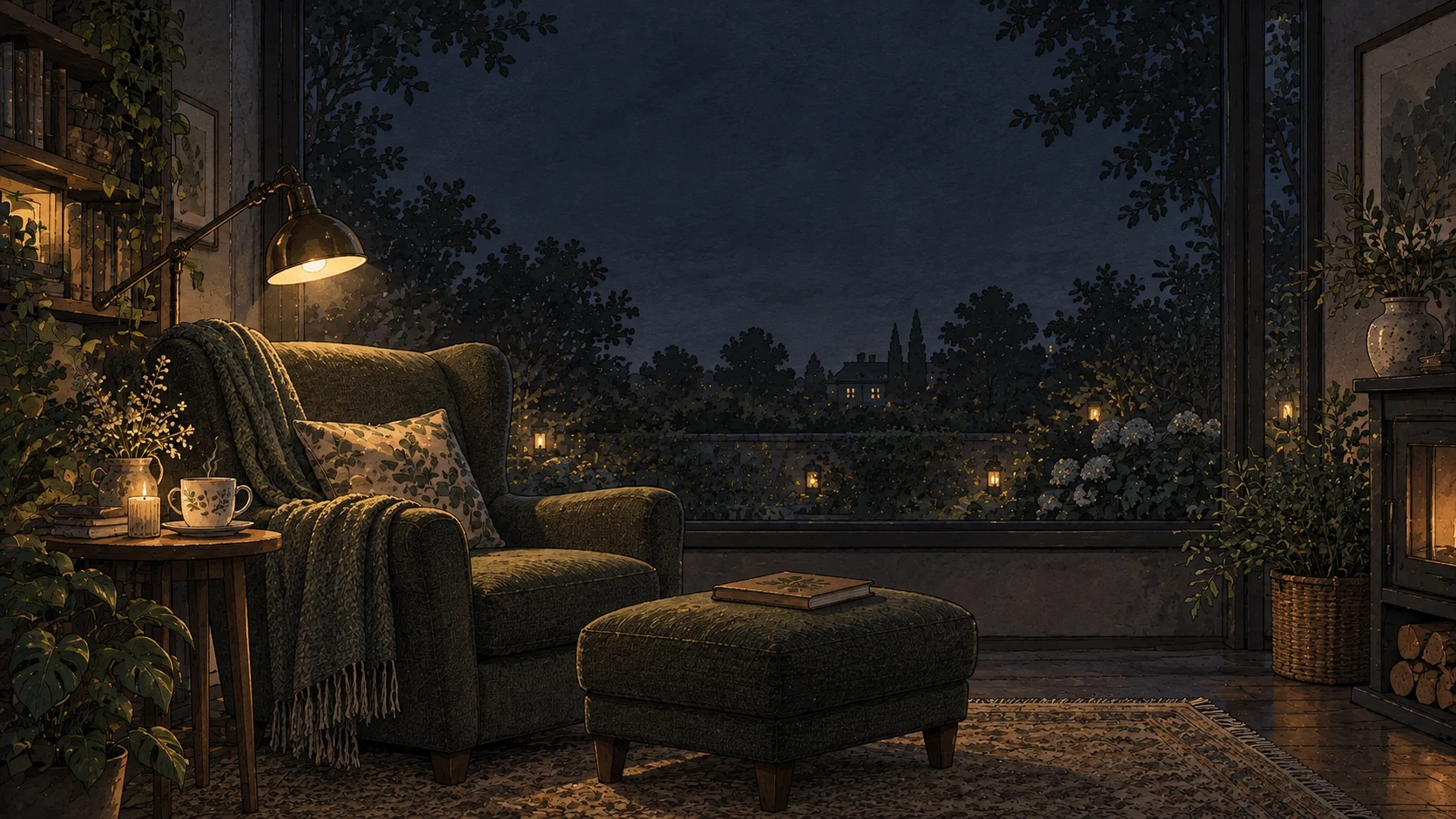 A deep armchair, footstool and cup of tea beside a warm lamp and dark garden window