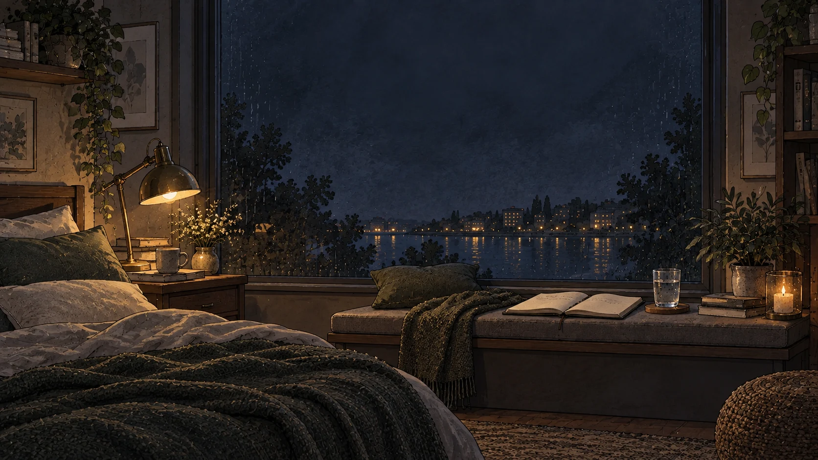 A softly rumpled bed and window bench with an open journal beside a rain-covered nighttime window