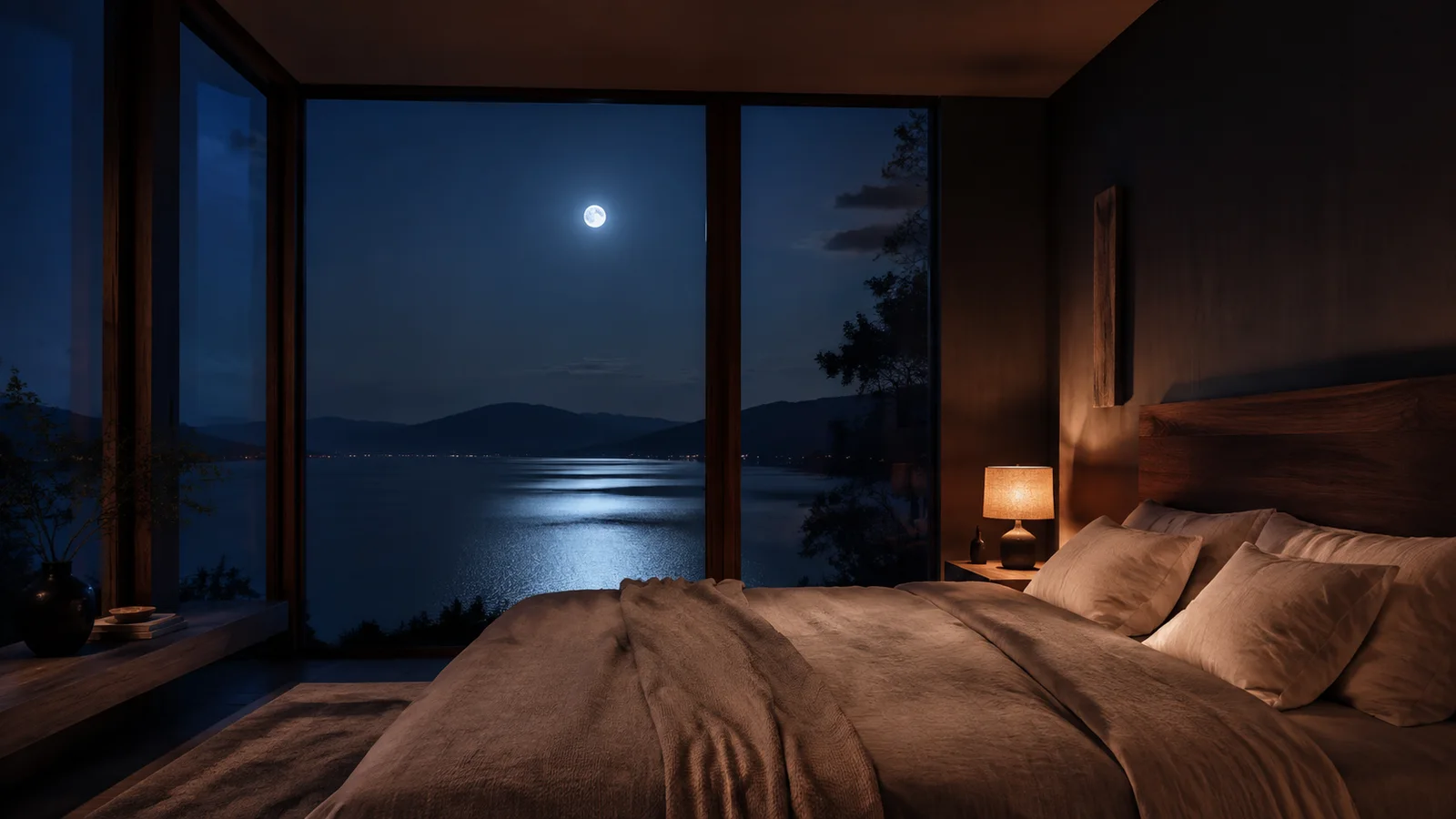 Moonlit bedroom overlooking a quiet lake