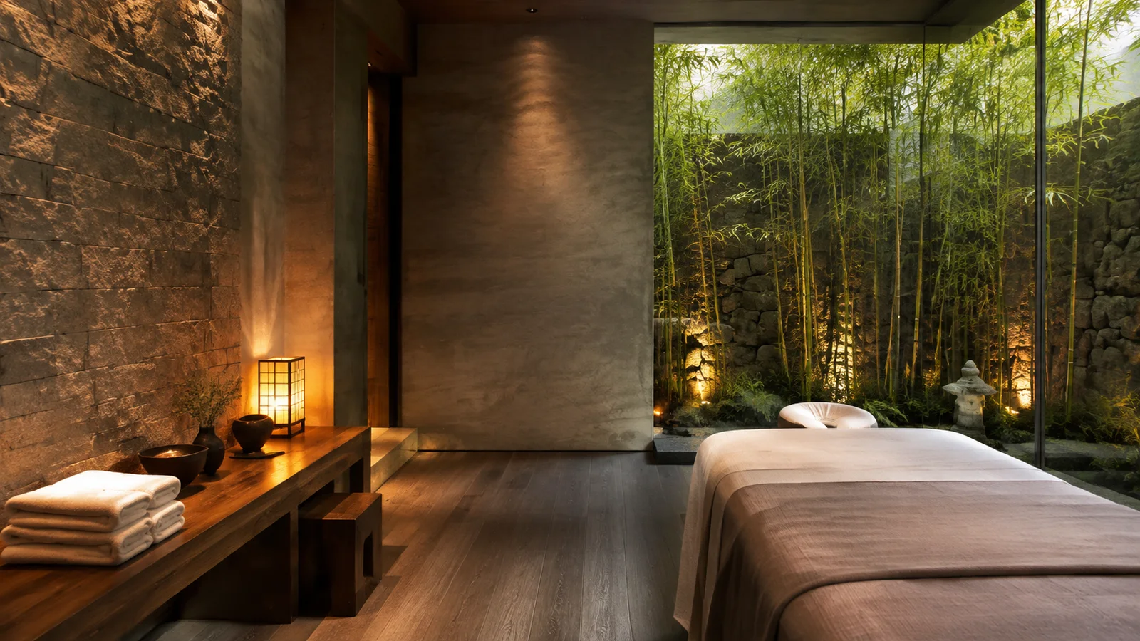 Massage room with warm stone and a private bamboo garden
