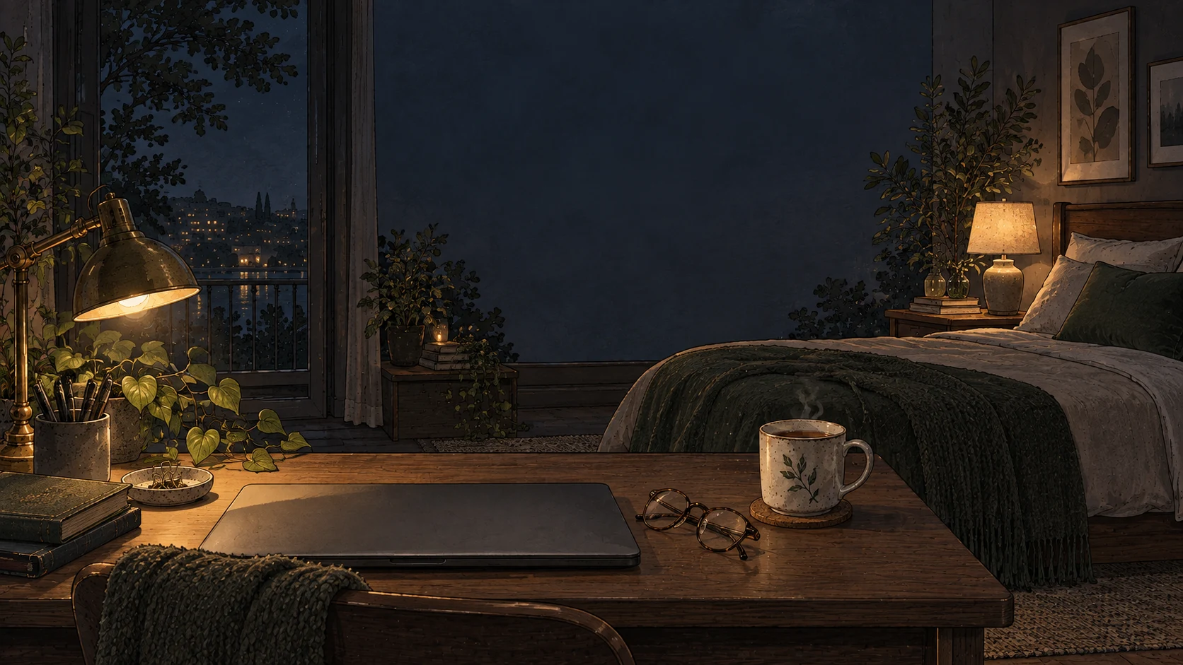 A closed laptop and cooling tea on a desk beside a turned-down bed in a warmly lit nighttime room