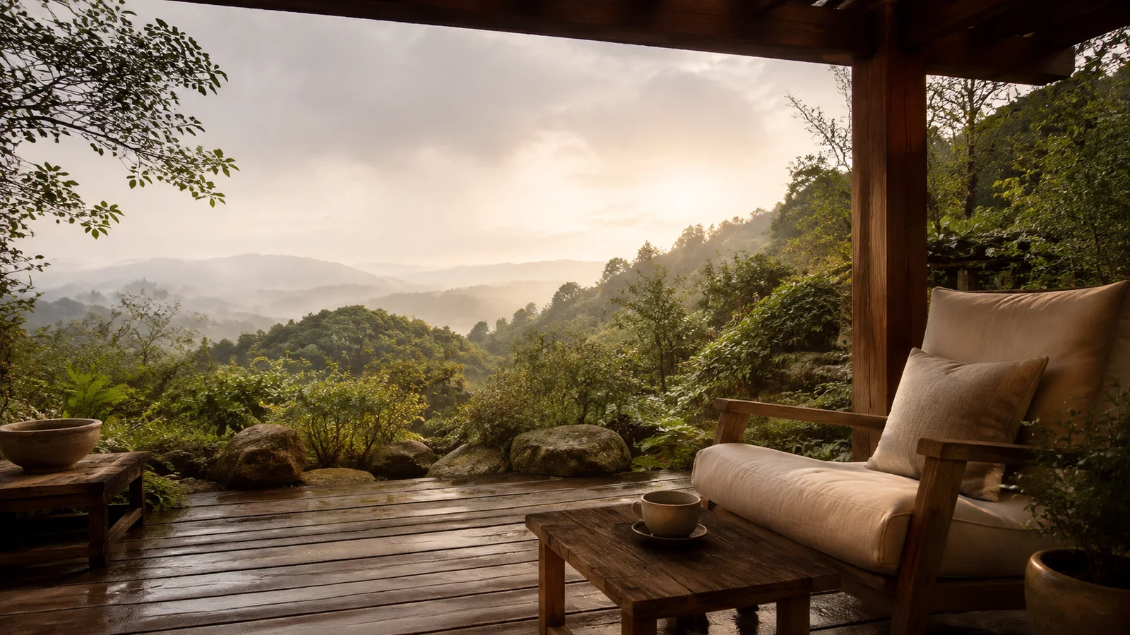 Armchair and tea on a veranda overlooking a rain-washed garden
