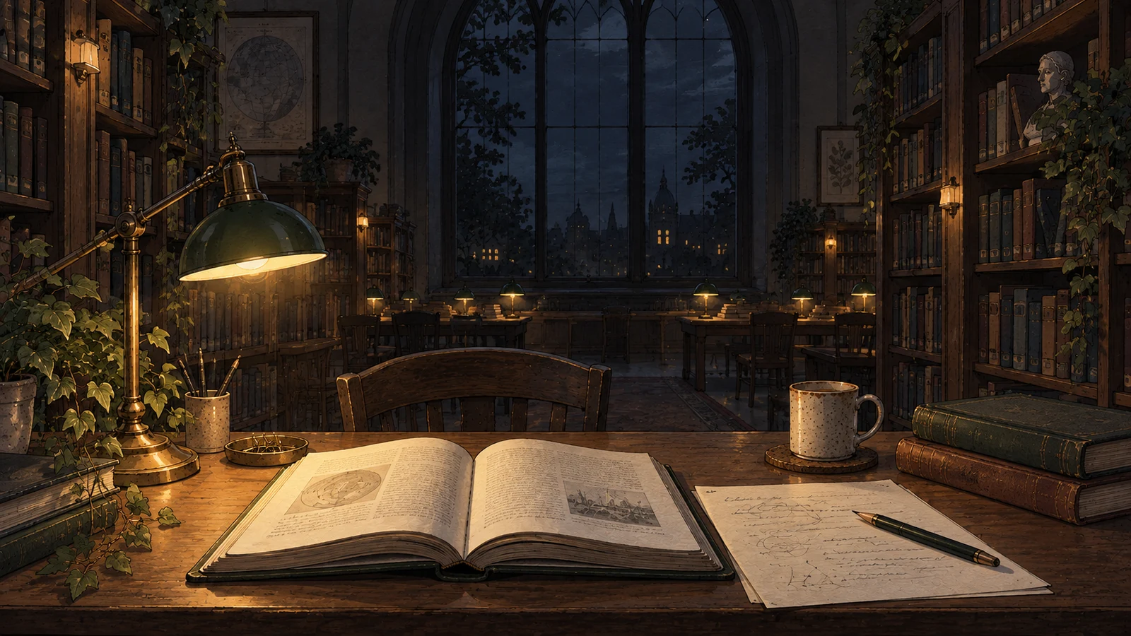 Open textbooks and study notes beneath a green reading lamp in a quiet library alcove at night