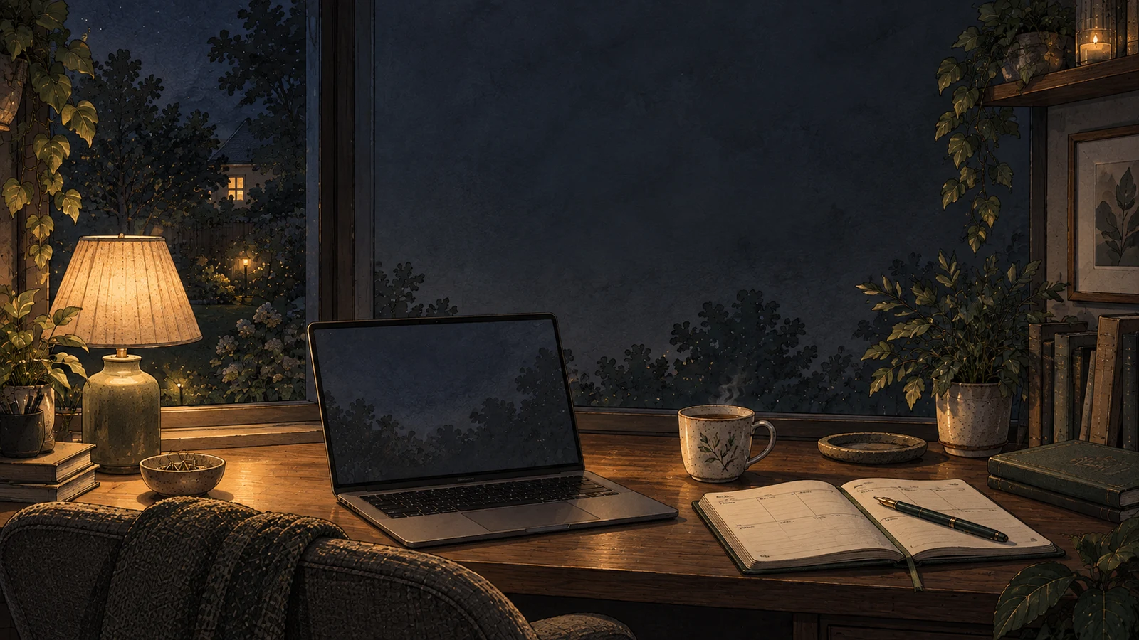 A laptop and planner on a lamplit home desk, with a comfortable chair, houseplants and a dark garden window