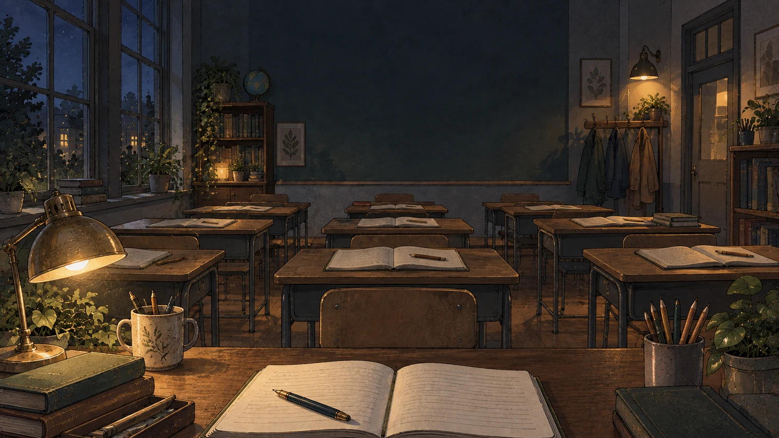 A classroom seen from the teacher's desk, with open exercise books, pencil cups and rows of wooden desks in warm evening light