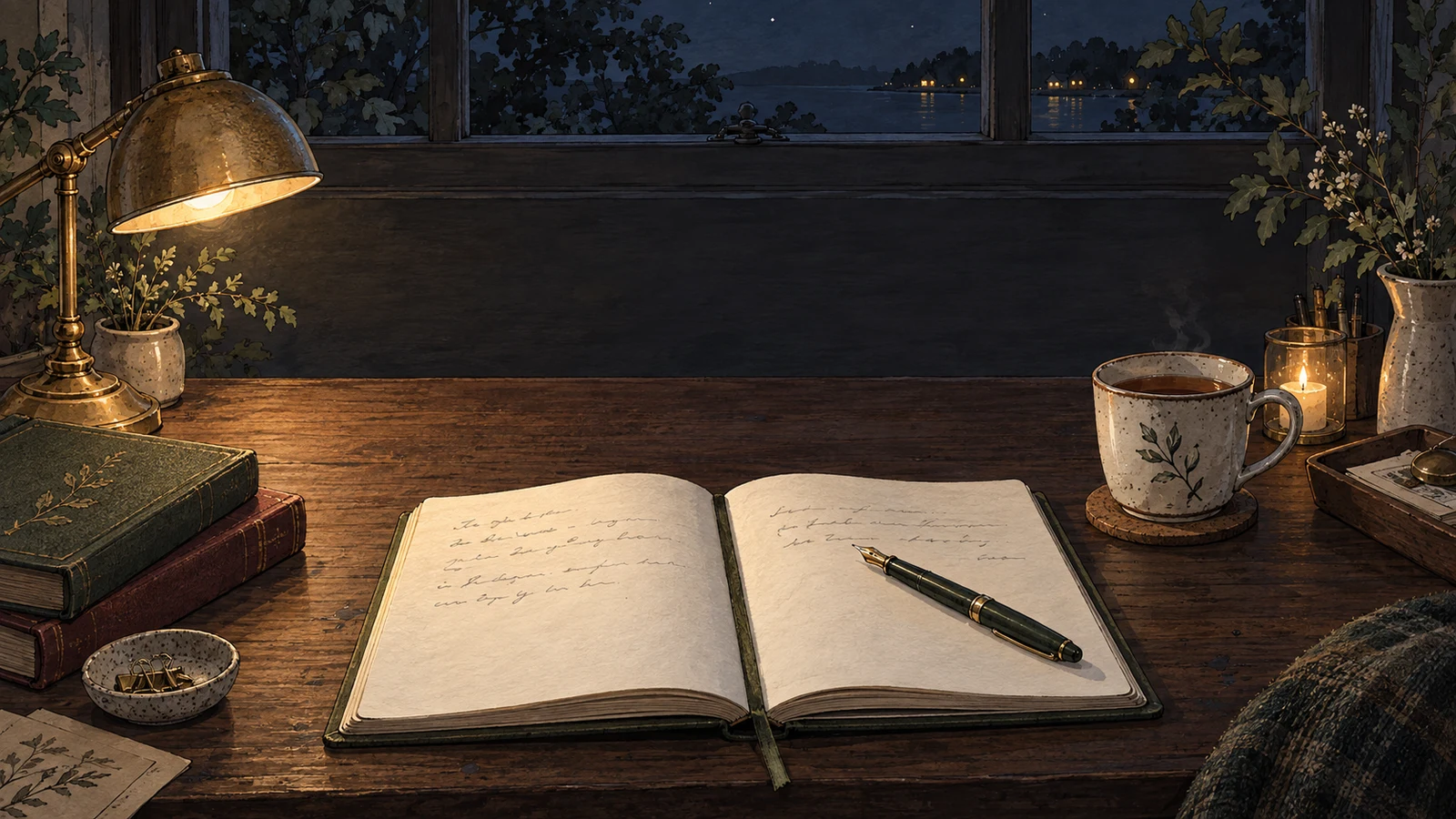 An author's view of an open notebook and fountain pen on a wooden desk, with warm lamplight and a cup of tea