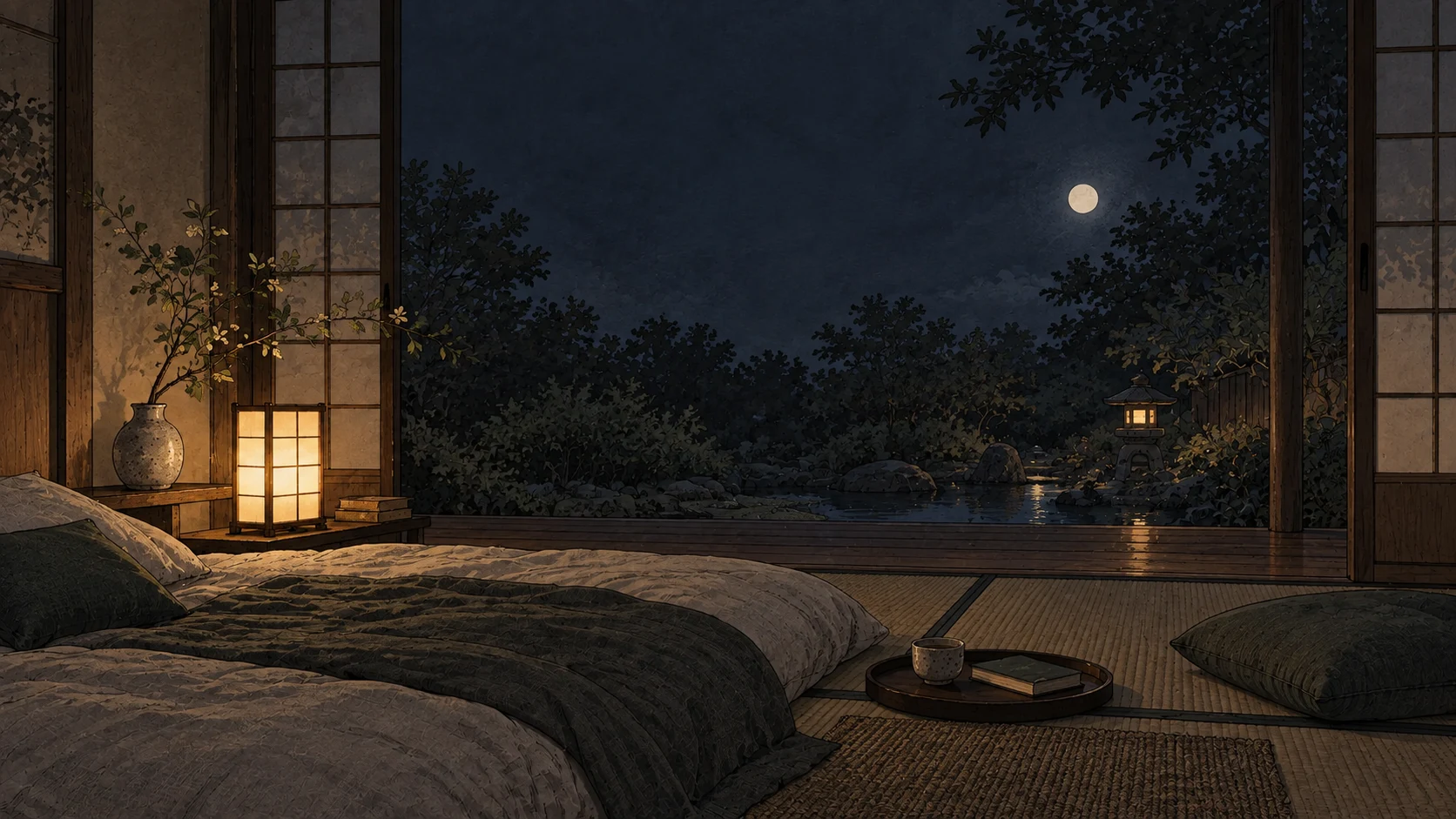 A low futon, paper-shaded lamp and simple ceramic vase beside open screens overlooking a moonlit garden
